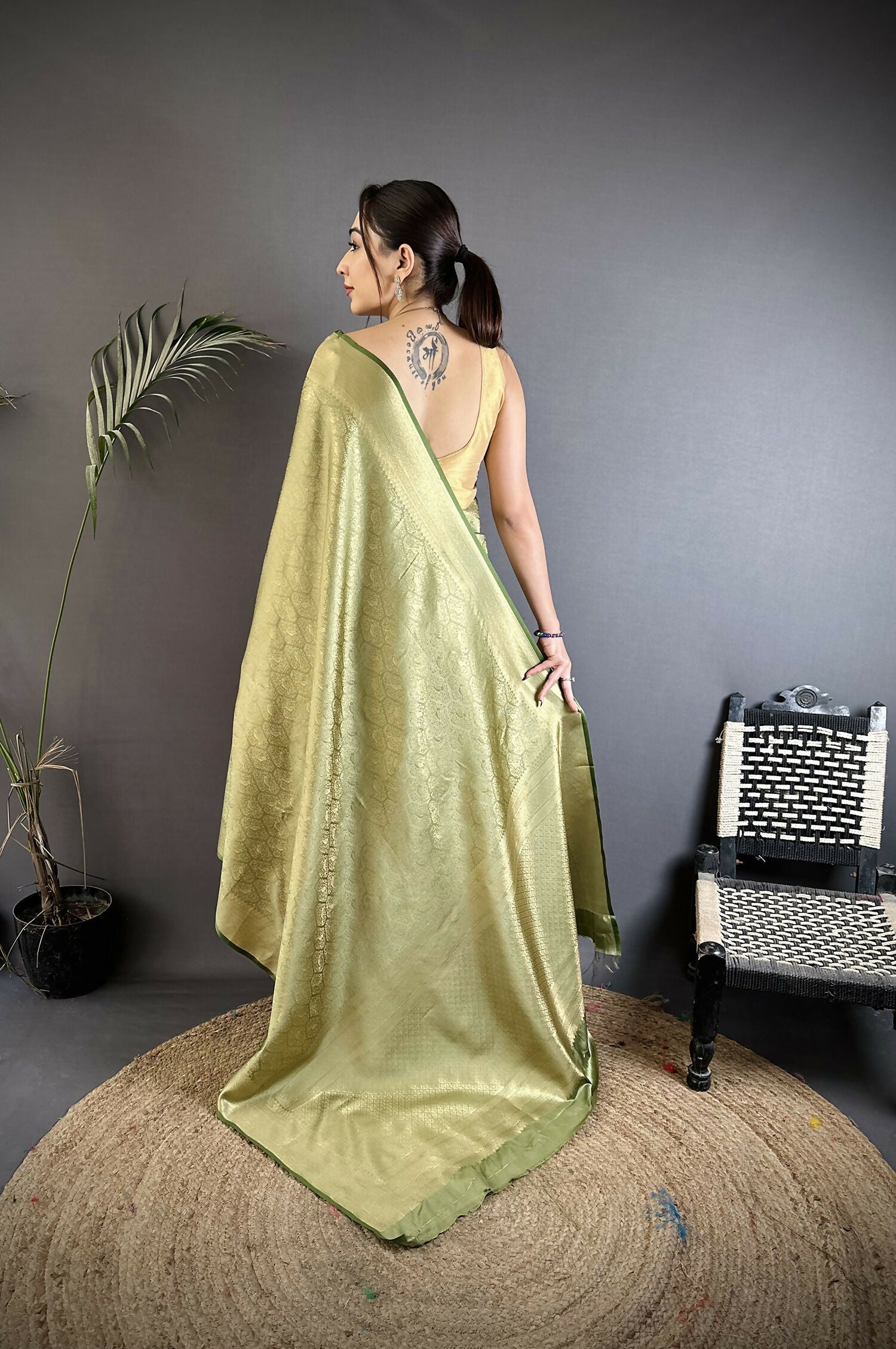 Dusty Green Banarasi Silk Saree with Paisley and Floral Motifs