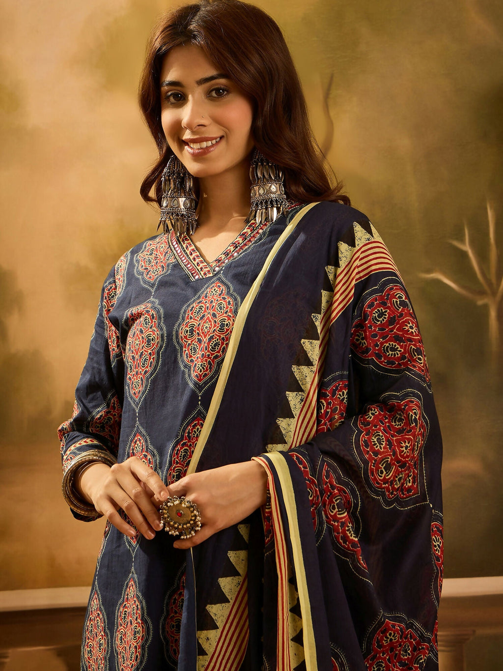 Navy Blue Printed Pure Cotton Kurta Set - Classic Ethnic Wear