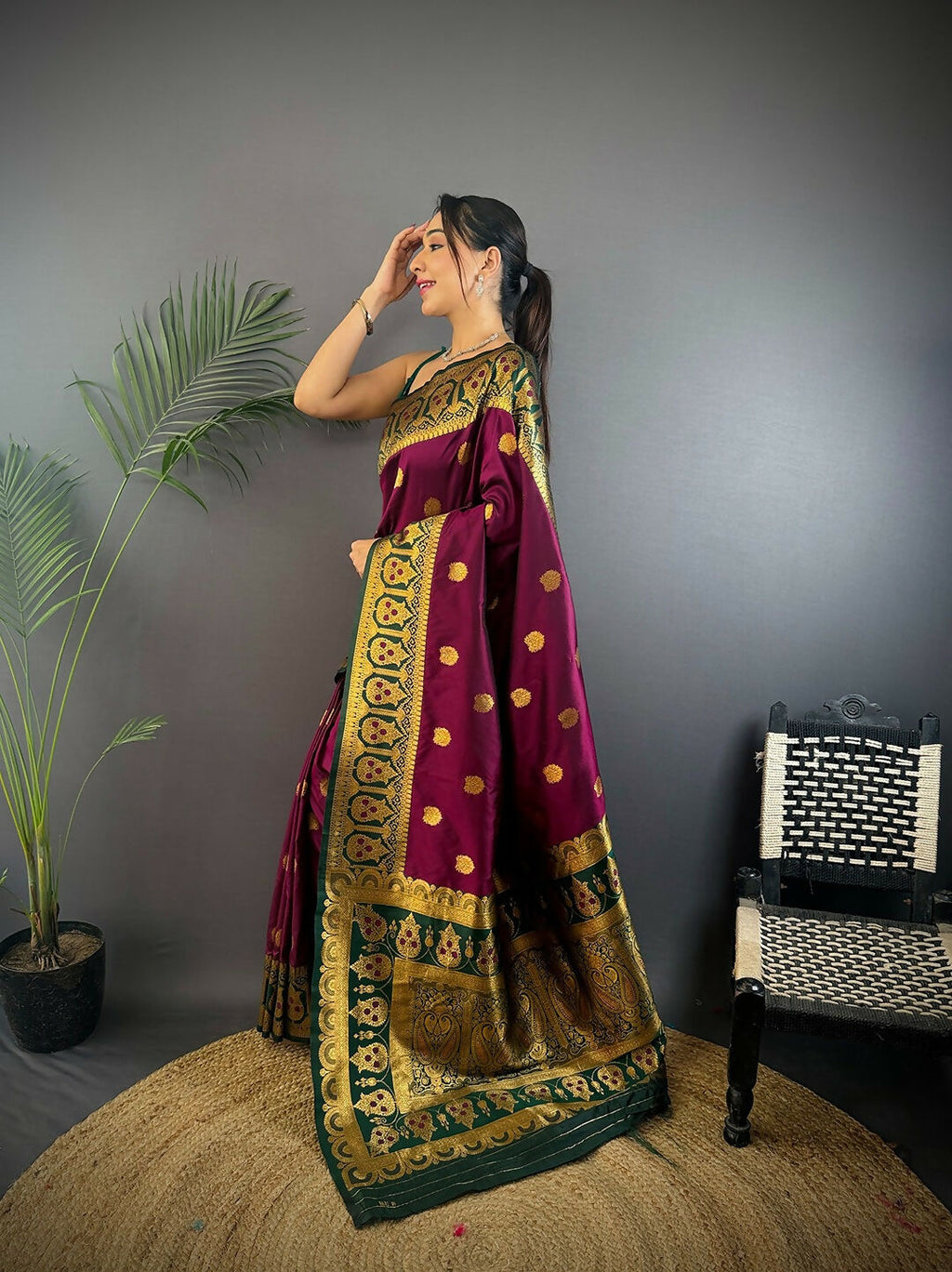 Green Banarasi Silk Saree with Traditional Butti Design