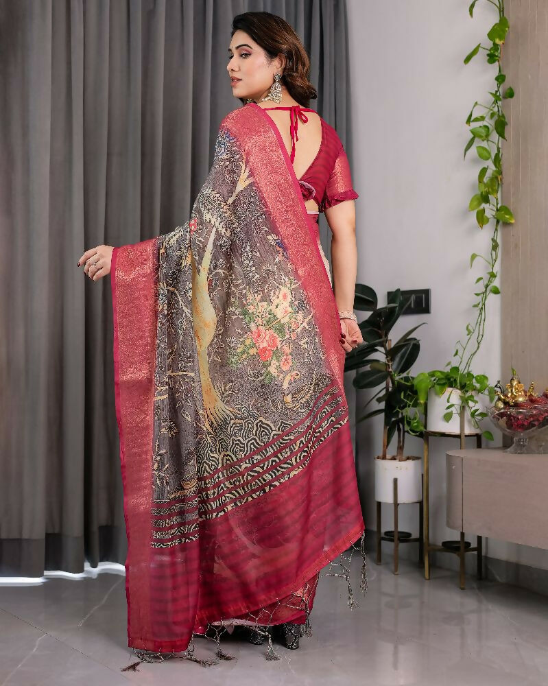 Wine Pure Handloom Linen Saree with Matching Blouse Piece