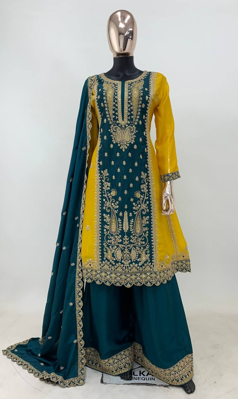 Yellow and Rama Chinon Embroidered Sequin Salwar Kameez