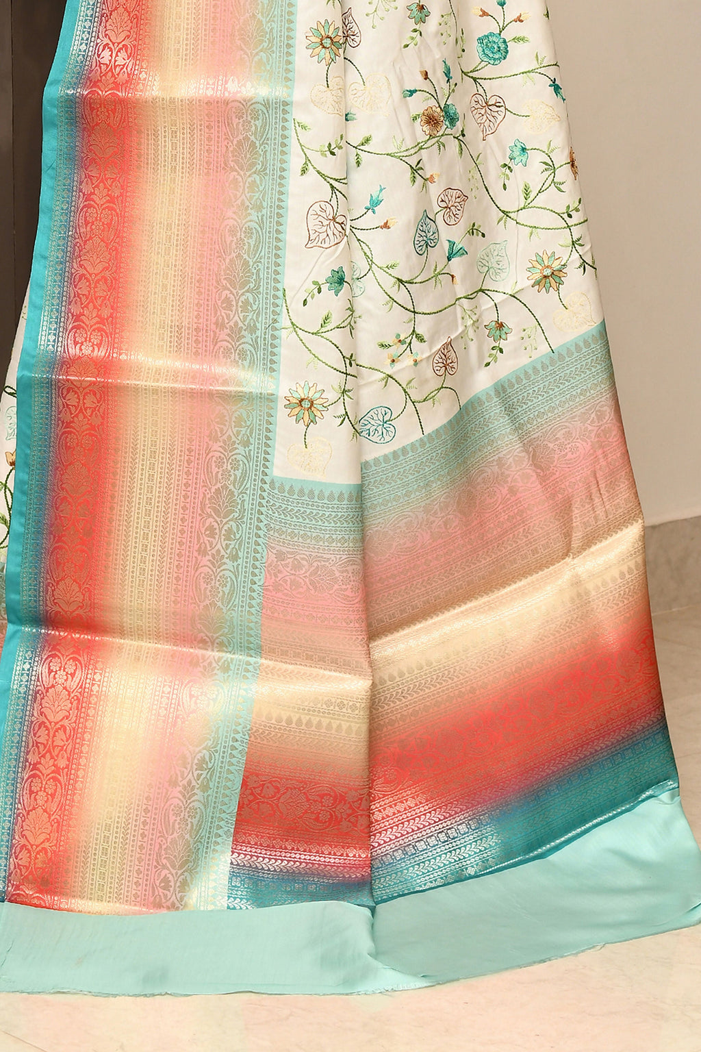 Multicolor Kataan Rainbow Digital Print Saree with Embroidery