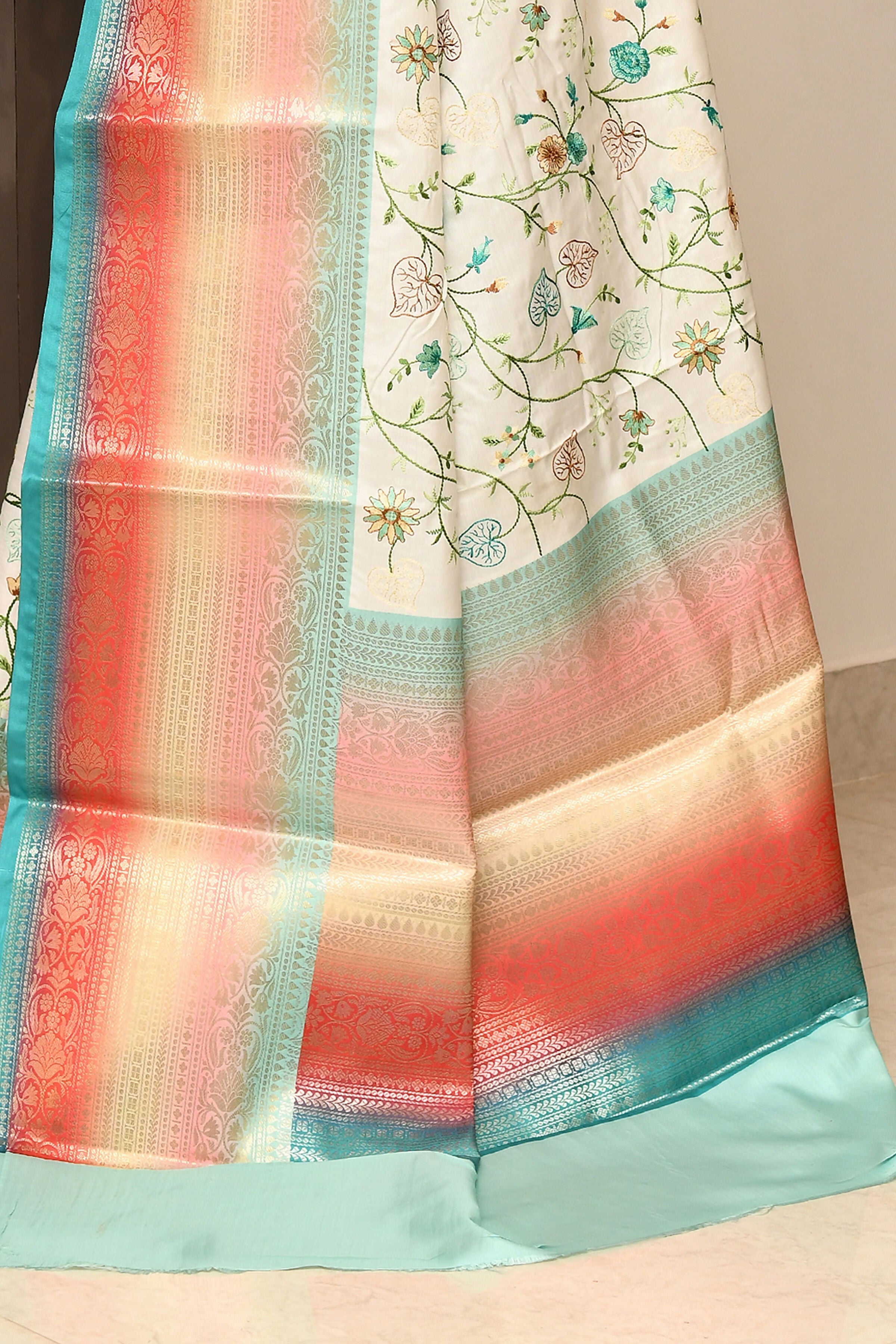Multicolor Kataan Rainbow Digital Print Saree with Embroidery