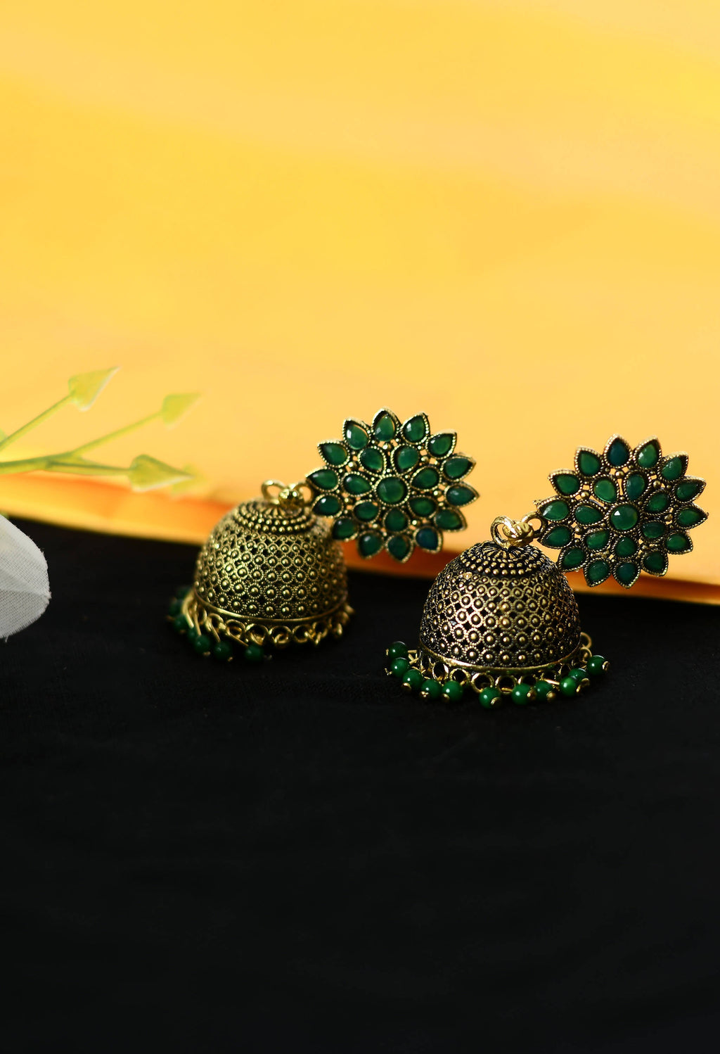 Kundan Work Jhumka Earrings with Green Beads for Girls and Women