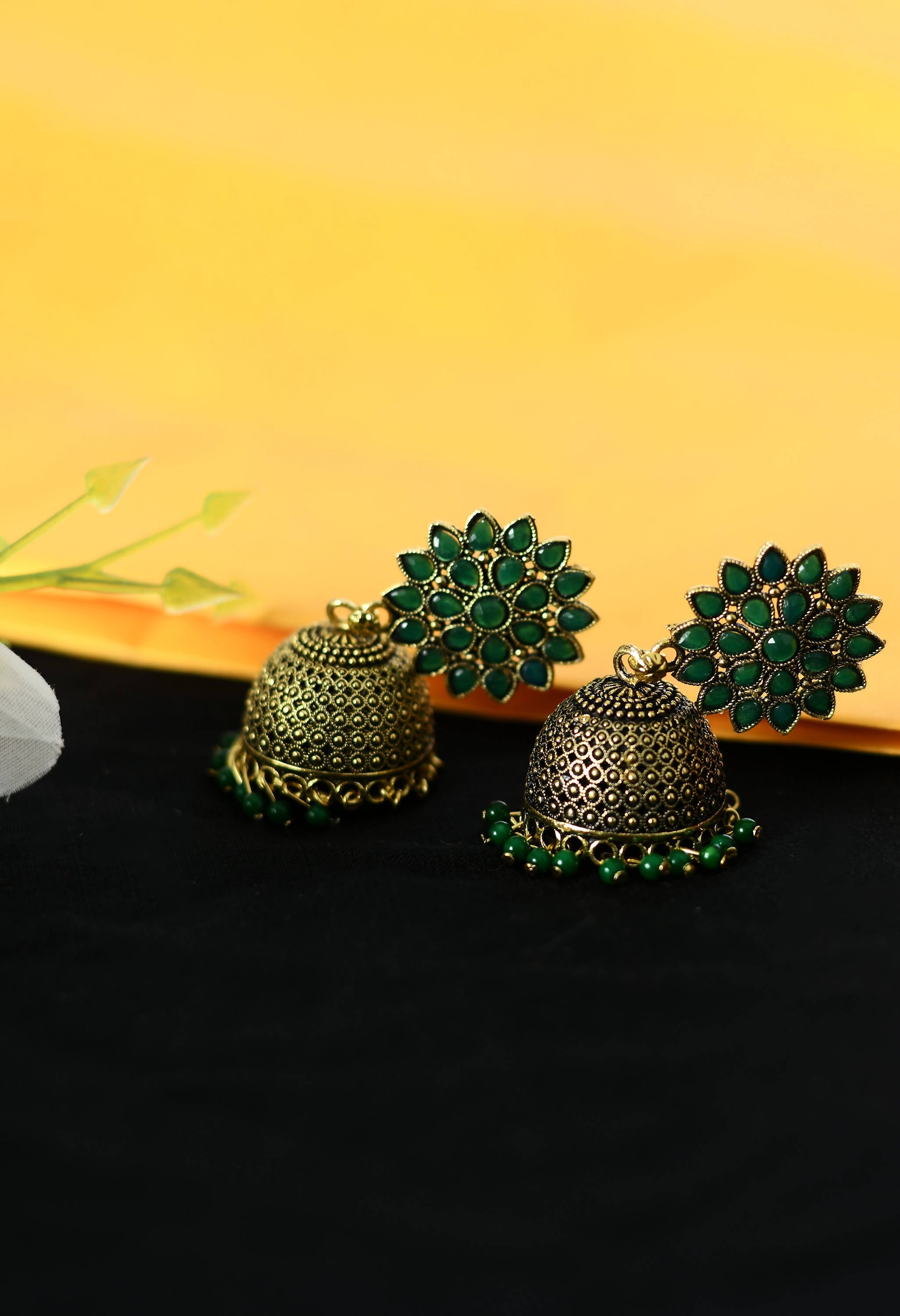 Kundan Work Jhumka Earrings with Green Beads for Girls and Women