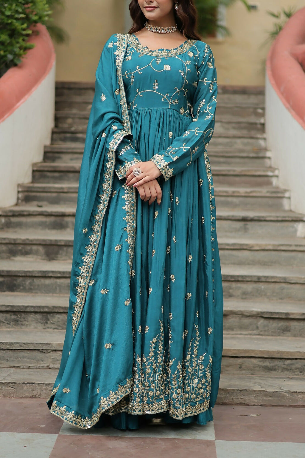 Joban Fashion Blue Chinon Sequence Embroidery Work Kurta Set
