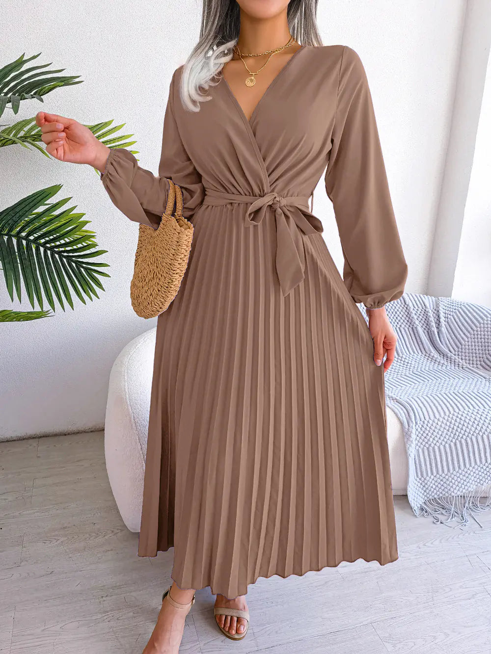 Women's V-Neck Long Sleeve Pleated Maxi Dress with Tie Waist - Image 6