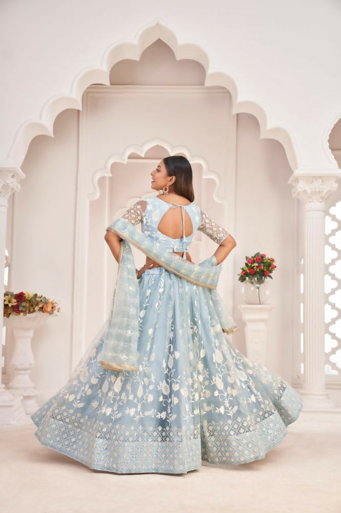 Light Sky Butterfly Net Lehenga Choli with White Thread & Zari