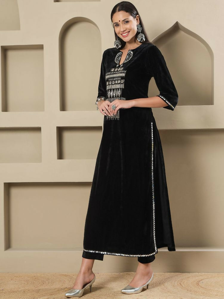 Black Velvet Kurta Set with Hand Embellishment - Stitched 2-Piece