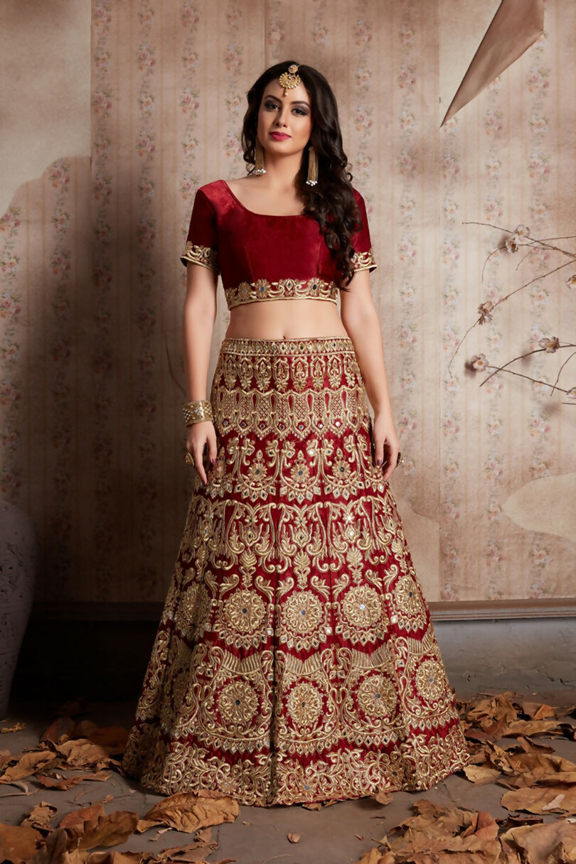Red Sequins Embroidered Velvet Lehenga Choli with Mirror Work