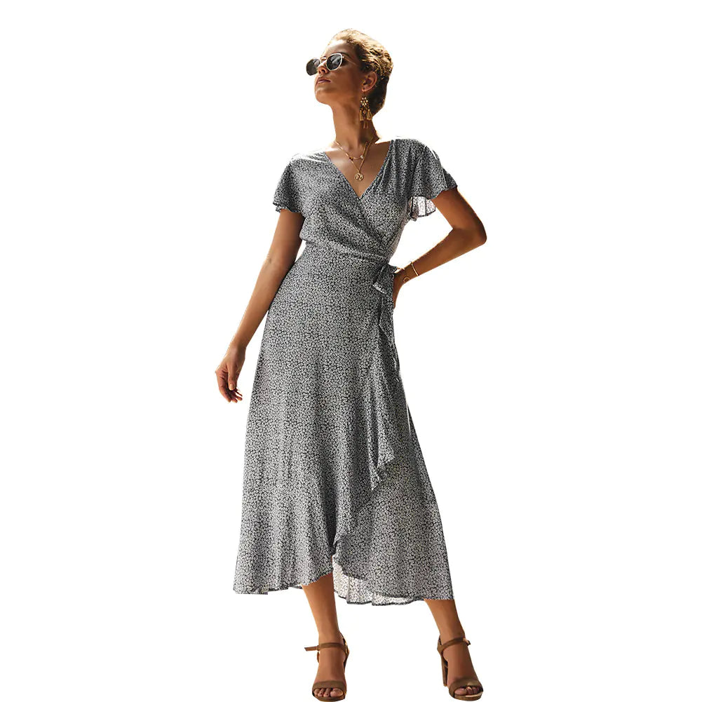 Women's Floral Wrap Midi Dress with V-Neck and Ruffled Hem - Image 7