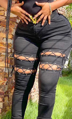 Women's Black Eyelet Lace-Up Detail Skinny Jeans - Image 2