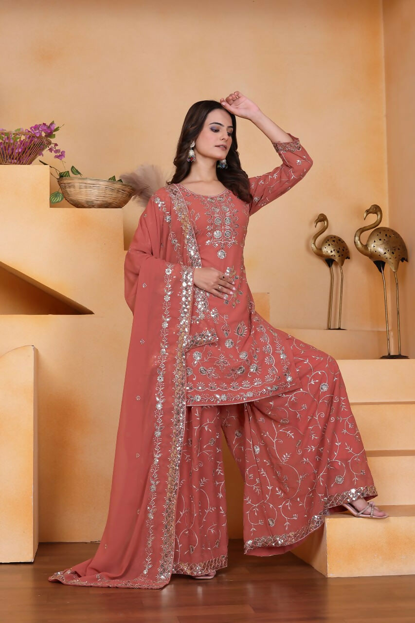 Pink Georgette Embroidered Sharara Set with Kurti