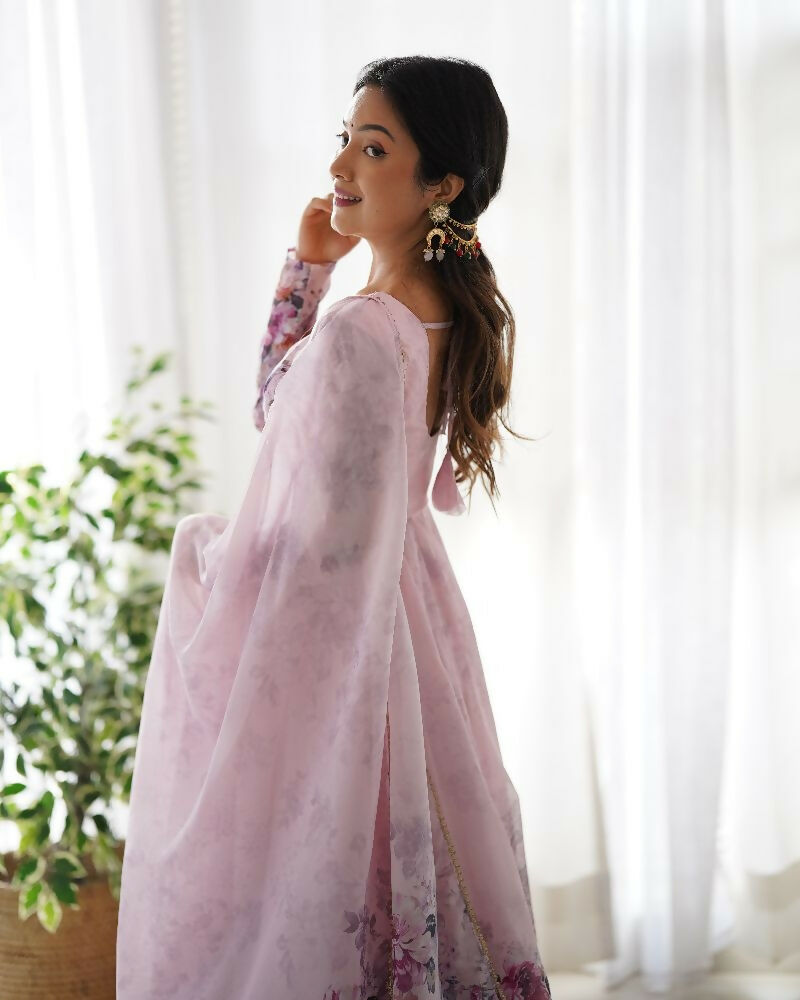 Pink Organza Kurta Set with Sequin Embroidery for Women