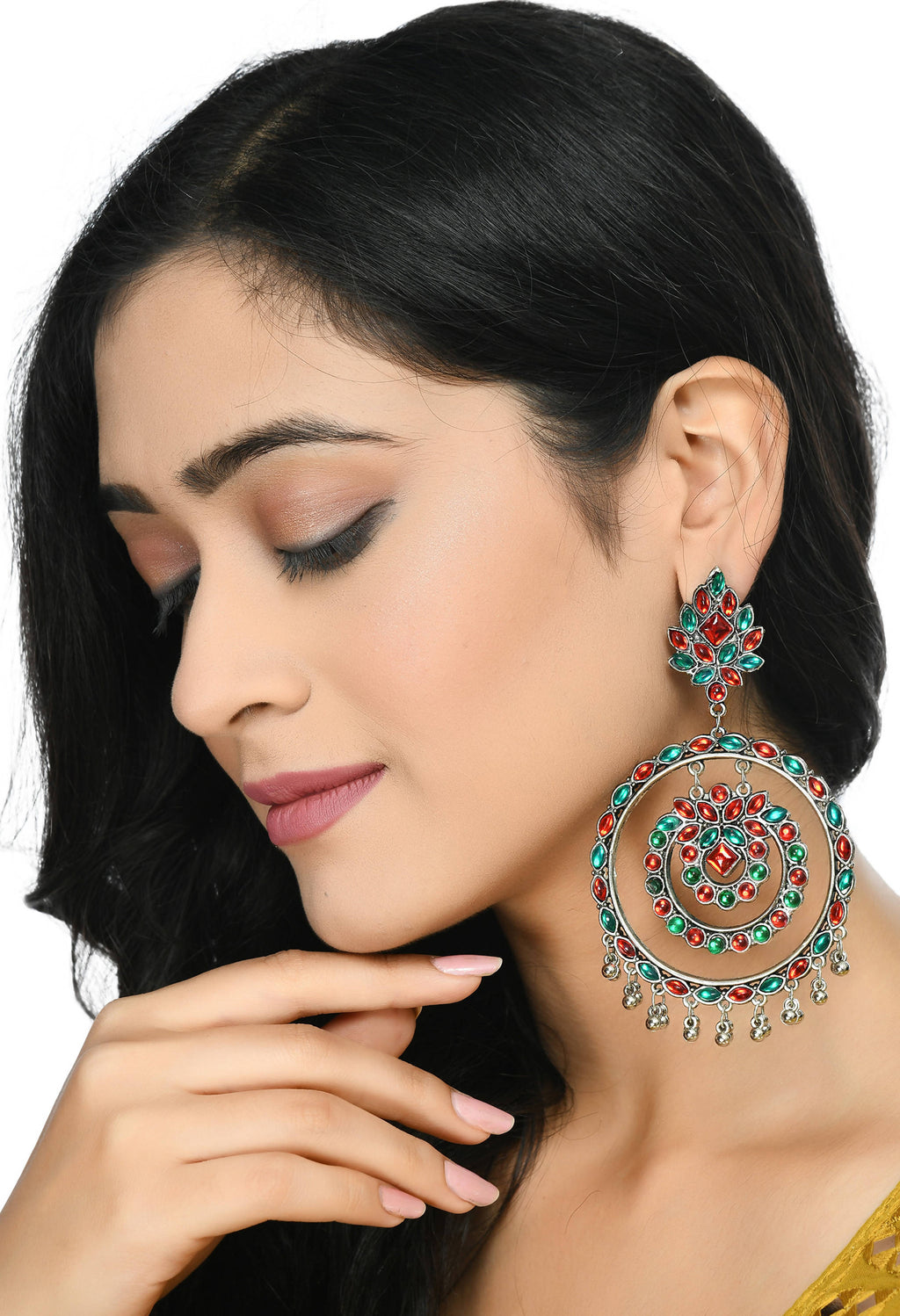 Red and Green Kundan Circle Earrings for Festive Ethnic Style