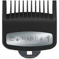 Close up of black and silver #1 premium 1/8 inch hair clipper attachment comb on a neutral background.