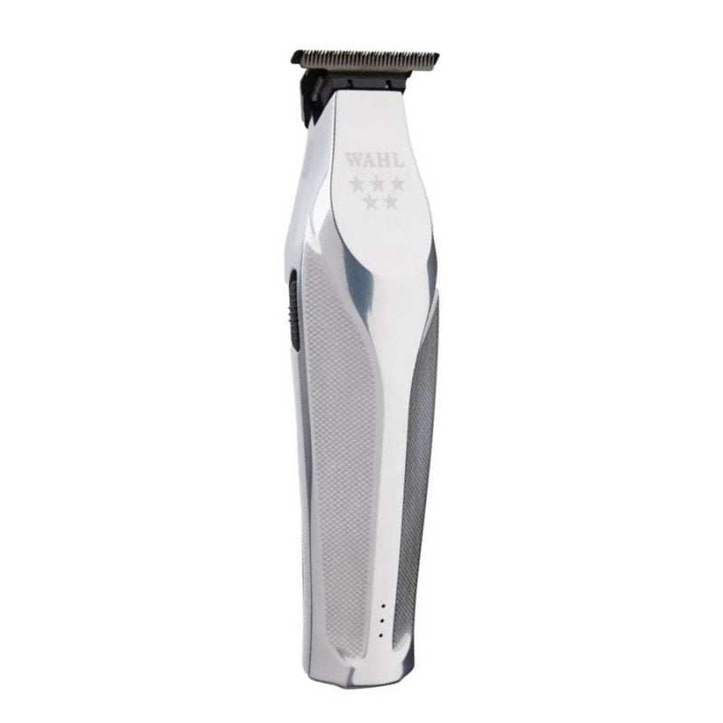 Professional Hi-Viz trimmer in silver and black featuring a slim neck and wide T-blade.