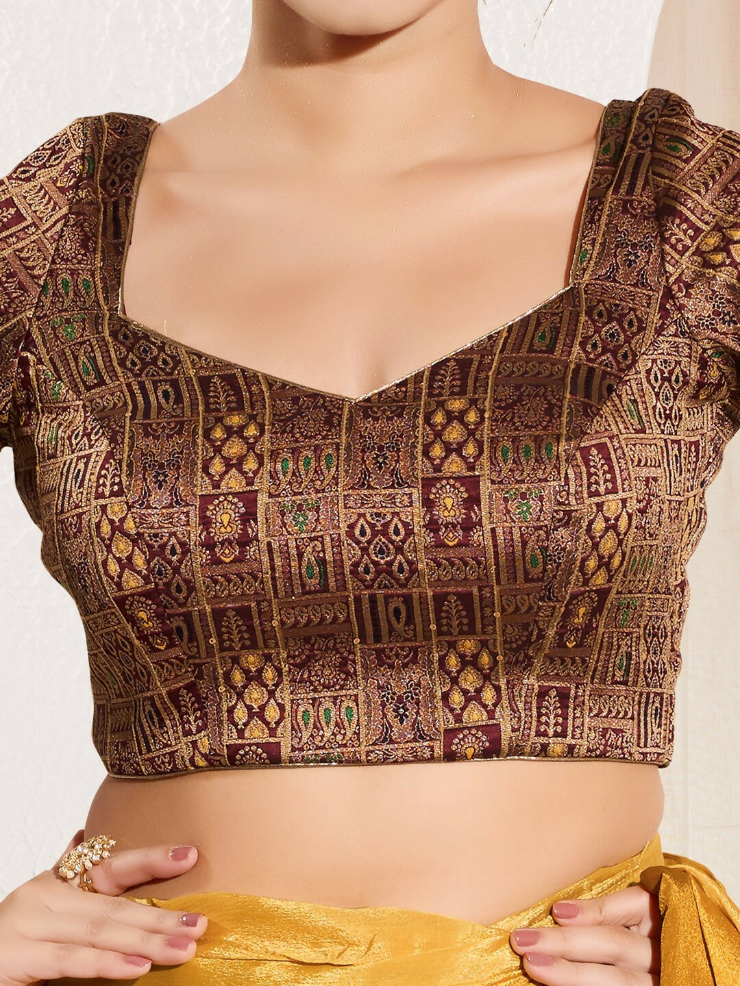 Dark Maroon Brocade Padded Blouse with Round Neck and Elbow Sleeves