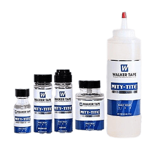 Bottle of Mity-Tite Hair System Adhesive by Walker Tape with dab-on applicator.