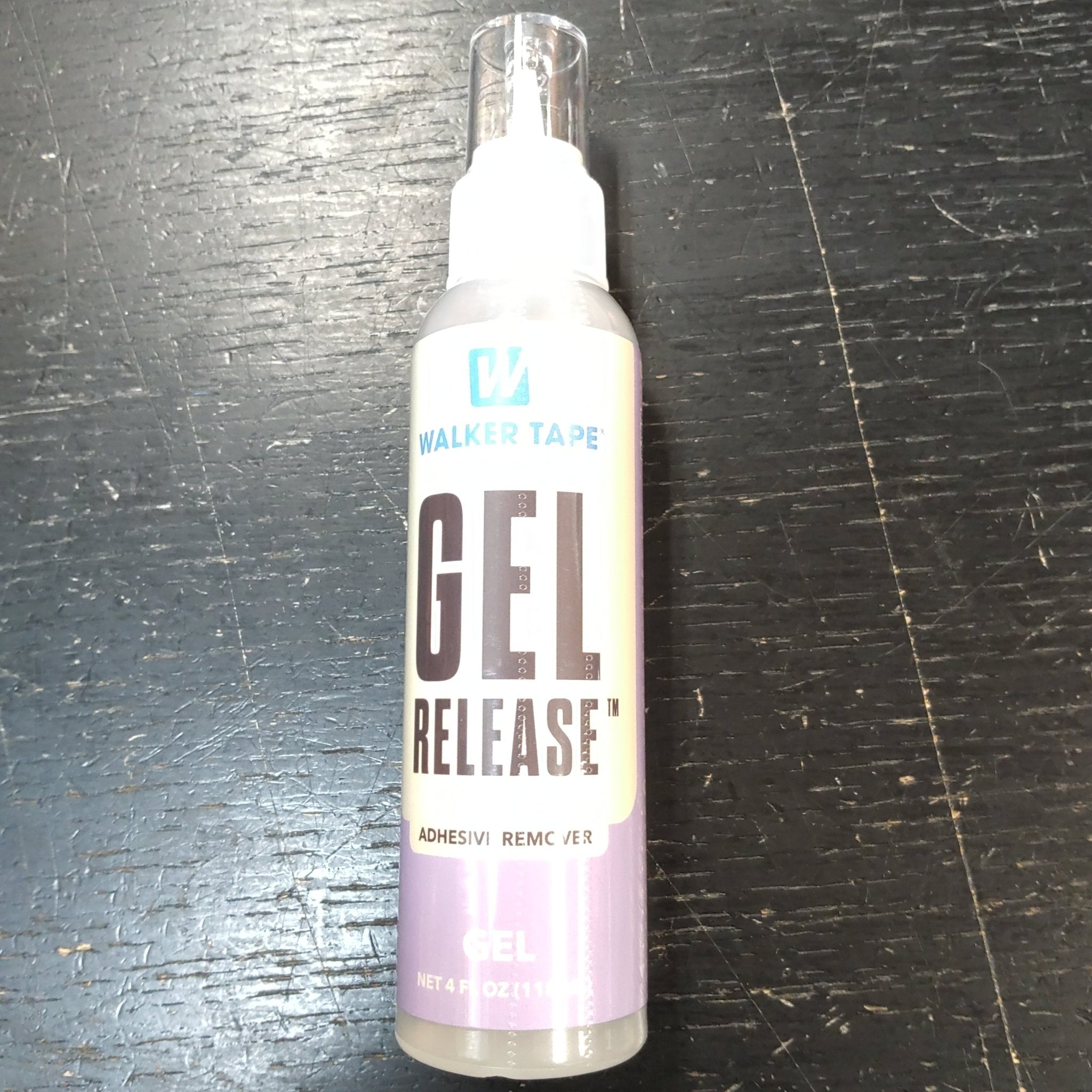 Walker Tape Gel Release 4 oz pump bottle in clinical white and purple packaging