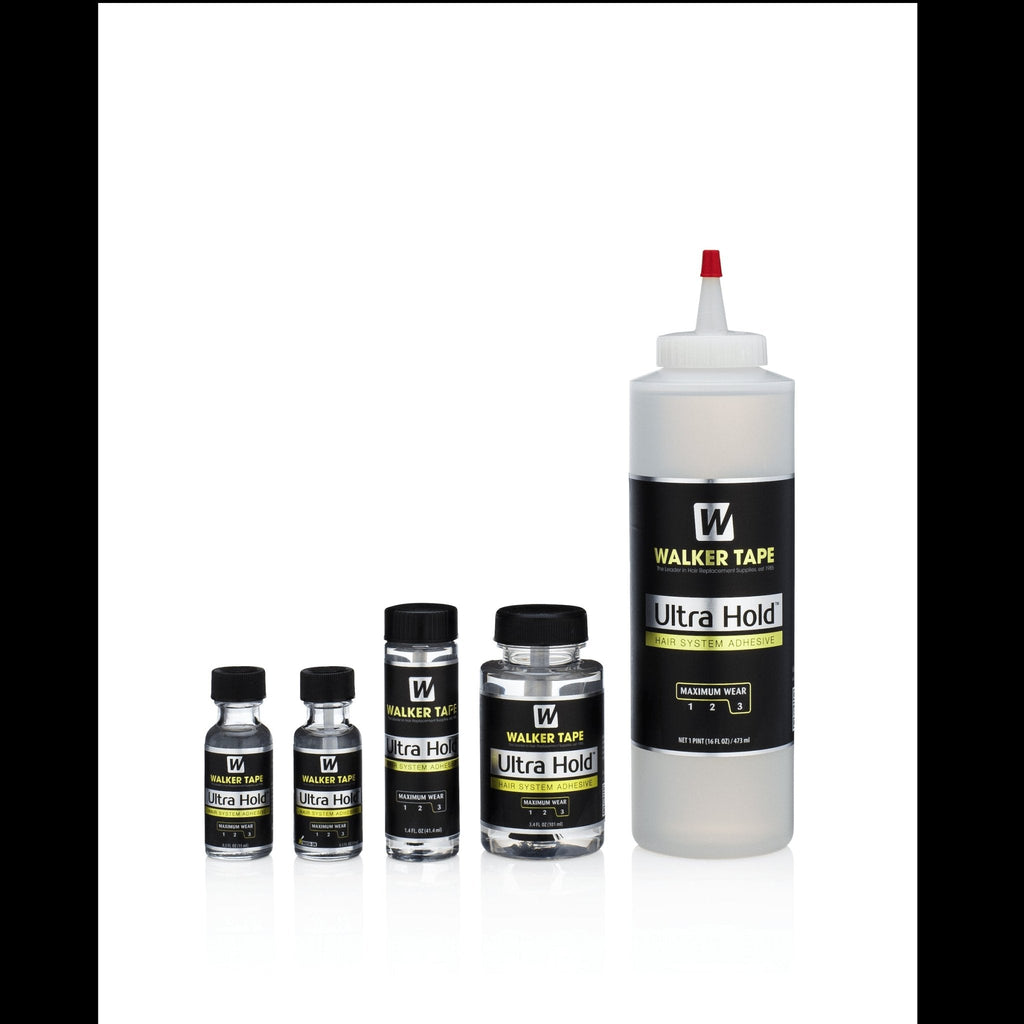 Bottle of Walker Tape Ultra Hold Hair System Adhesive in various sizes with black and yellow industrial branding.