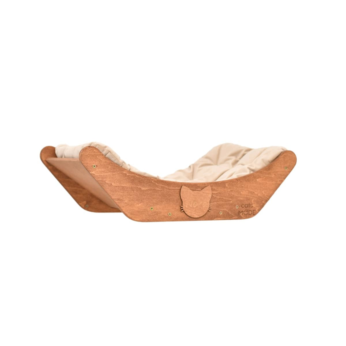 Floating oak cat shelf perch mounted on a wall