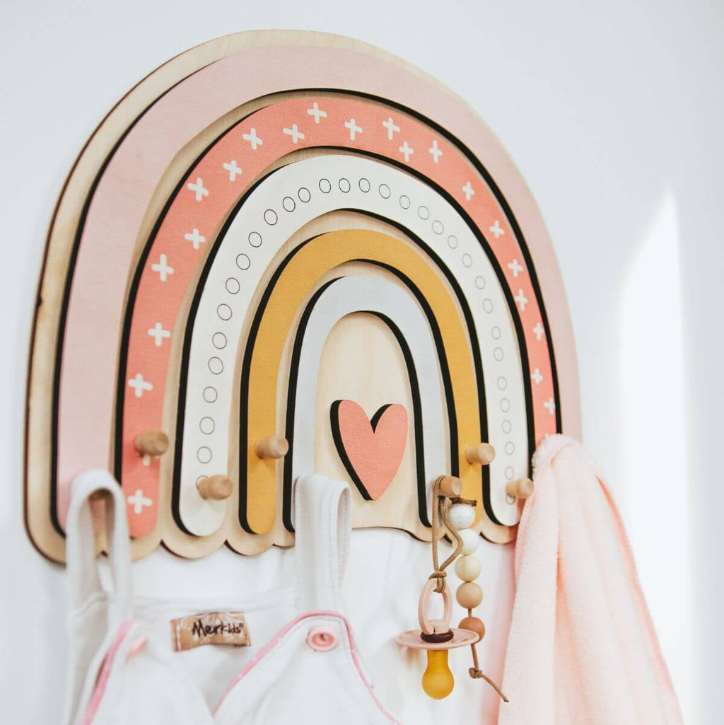 Rainbow Wall Hanger with Heart Hooks for Kids Nursery Decor