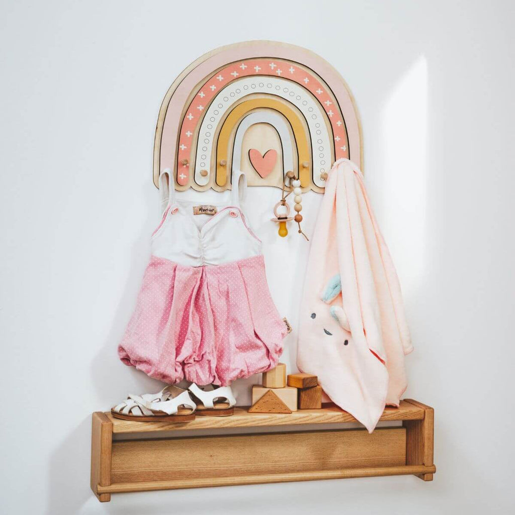 Rainbow Wall Hanger with Heart Hooks for Kids Nursery Decor