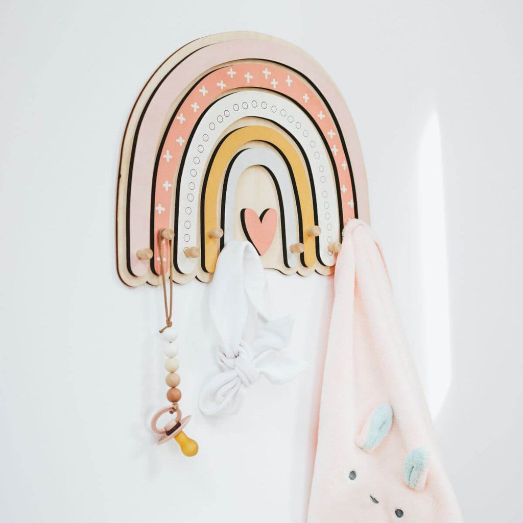 Rainbow Wall Hanger with Heart Hooks for Kids Nursery Decor