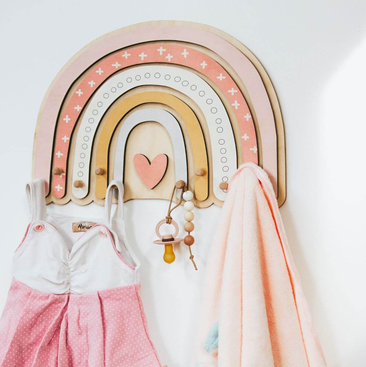Rainbow Wall Hanger with Heart Hooks for Kids Nursery Decor