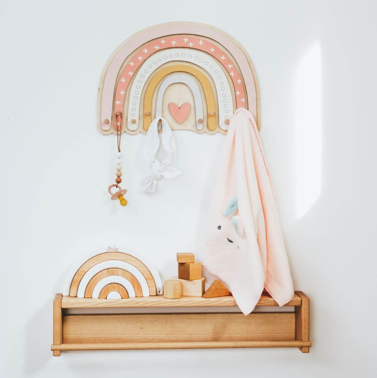Rainbow Wall Hanger with Heart Hooks for Kids Nursery Decor