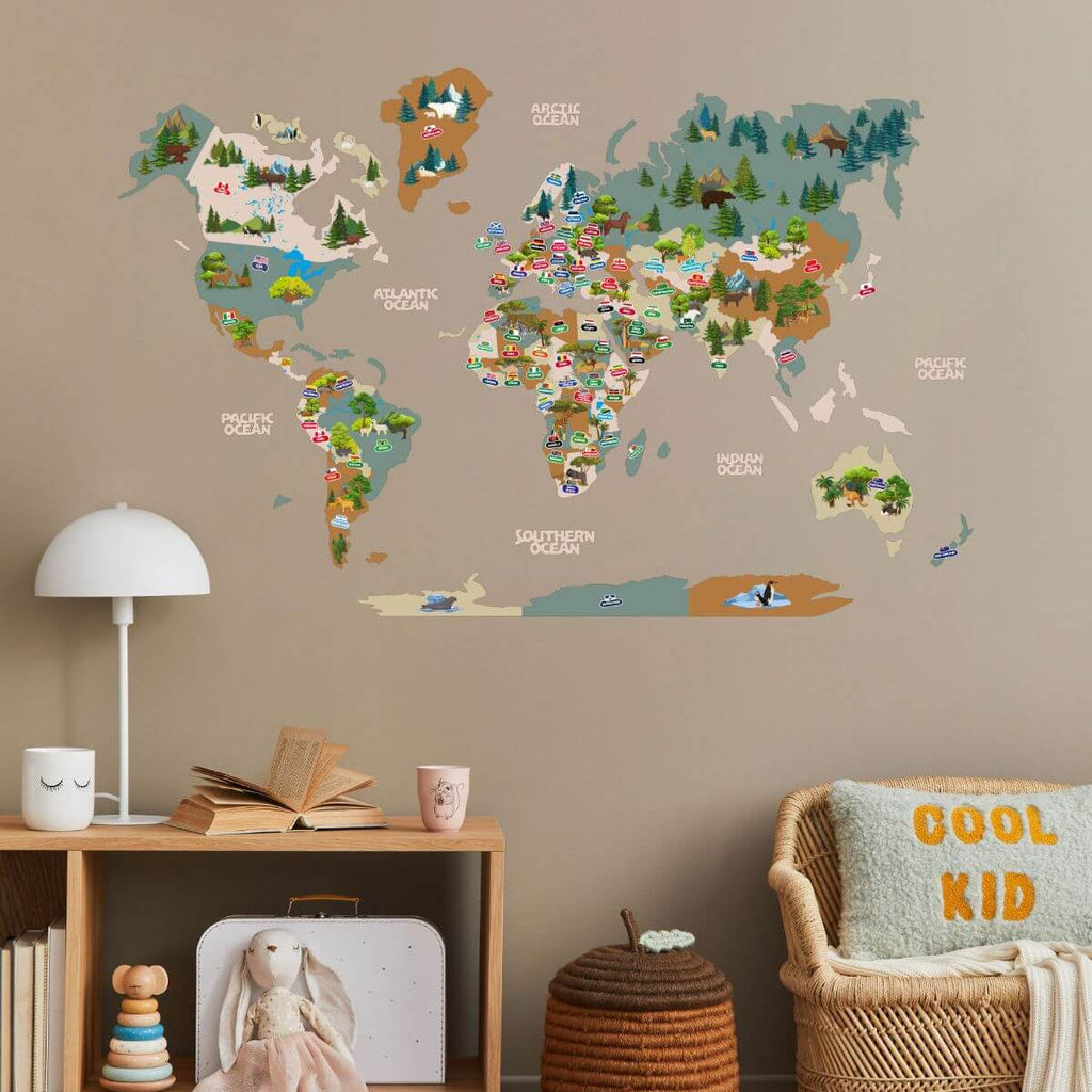 Decorative khaki educational wall map for kids hung in a nursery