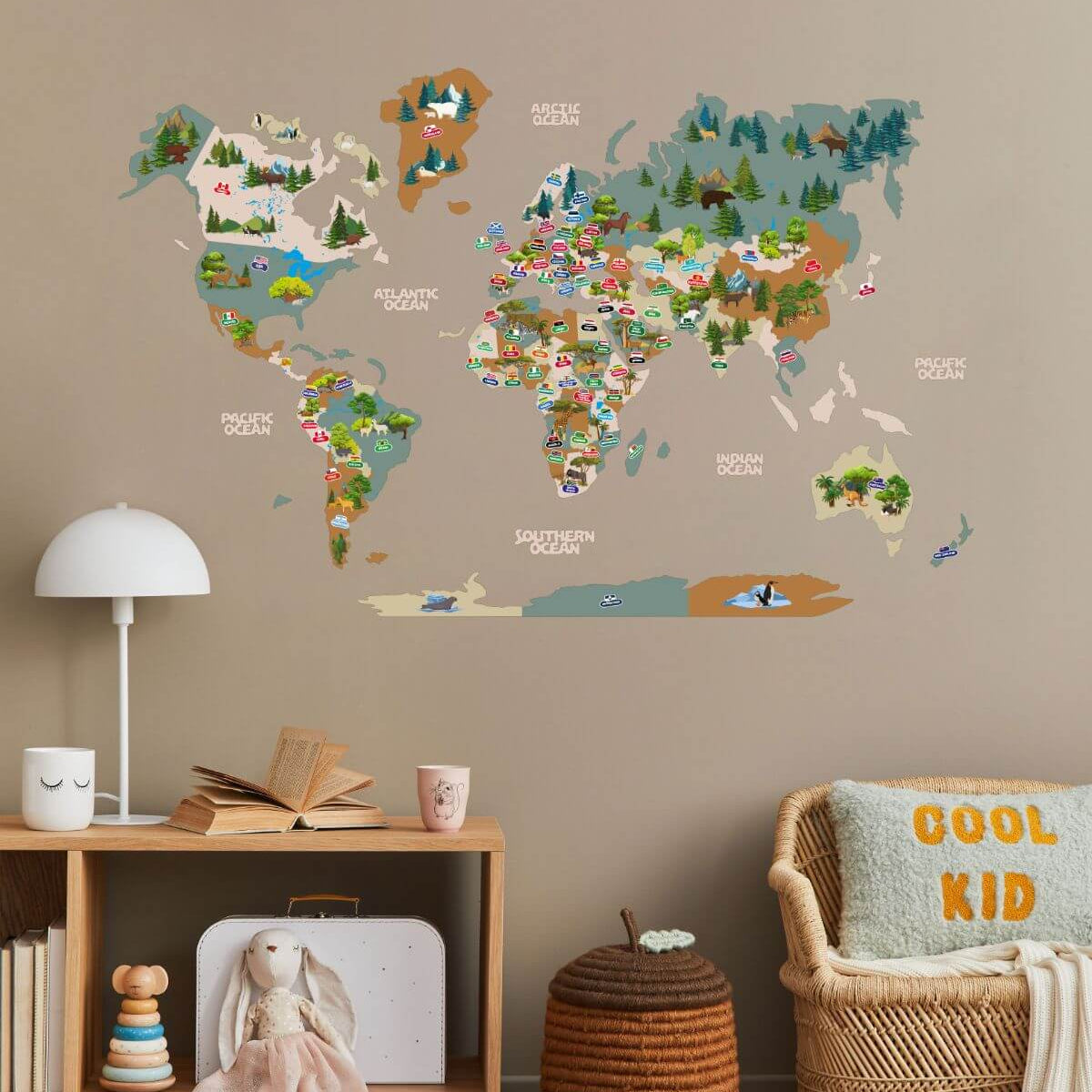 Decorative khaki educational wall map for kids hung in a nursery