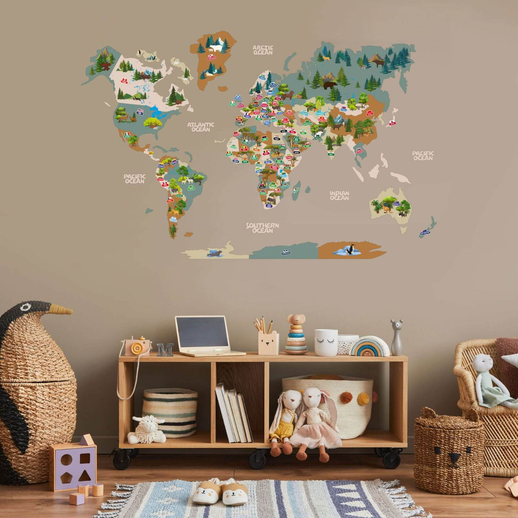 Interactive Kids World Map Wall Art in Khaki for Nursery Decor