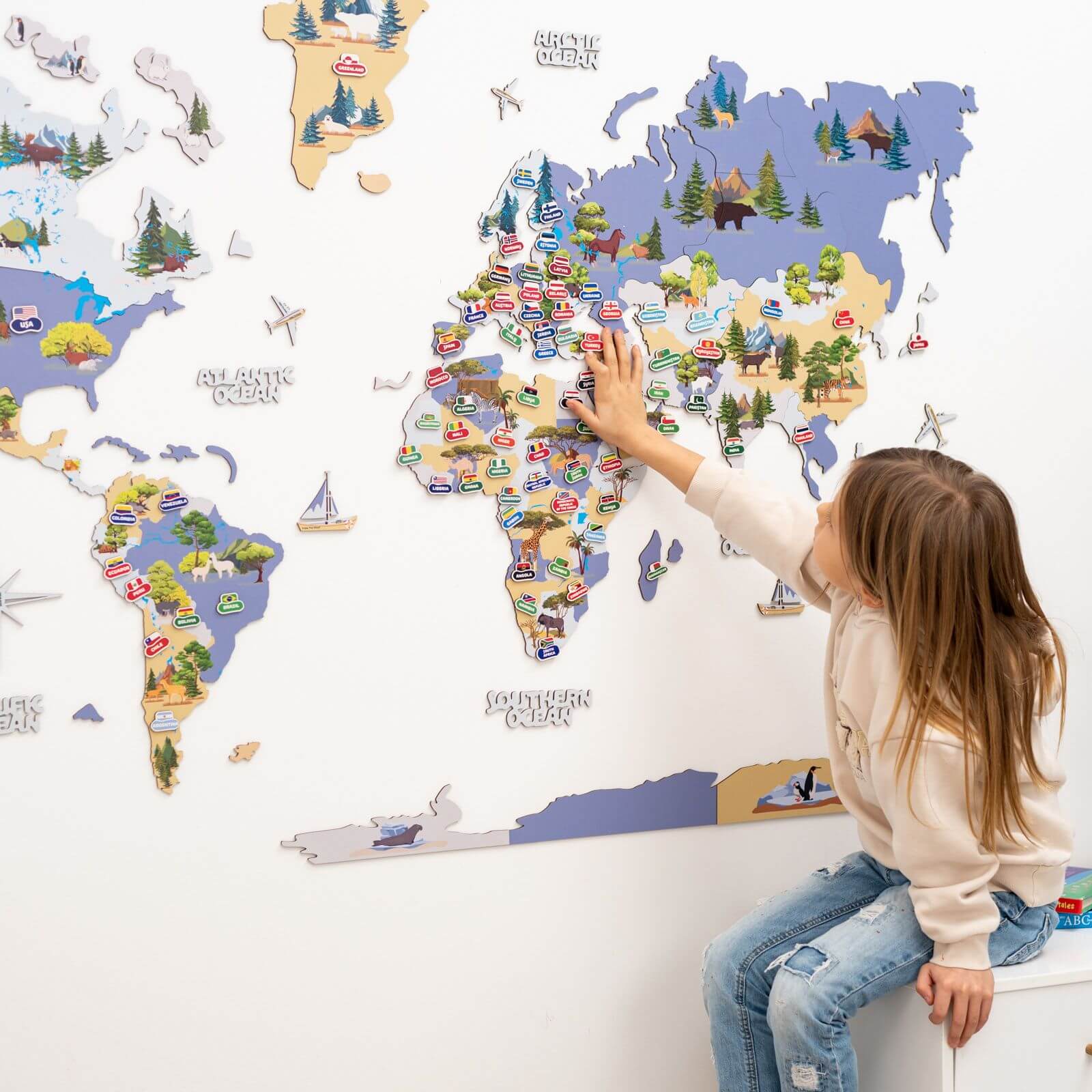Interactive Animal World Map Wall Decor for Kids Nursery