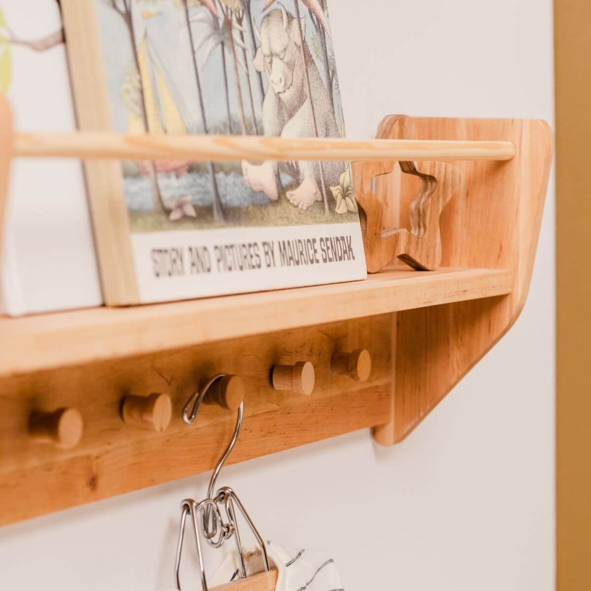 Nursery Wall Shelf with Hooks - Space-Saving Storage