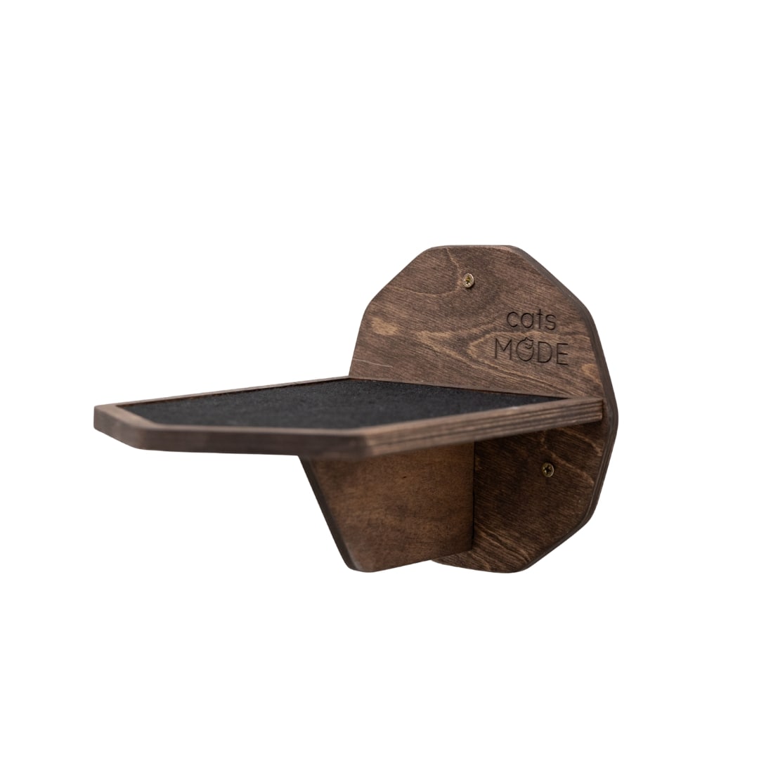 Modern hexagon wall-mounted cat step in dark walnut wood with grey felt padding