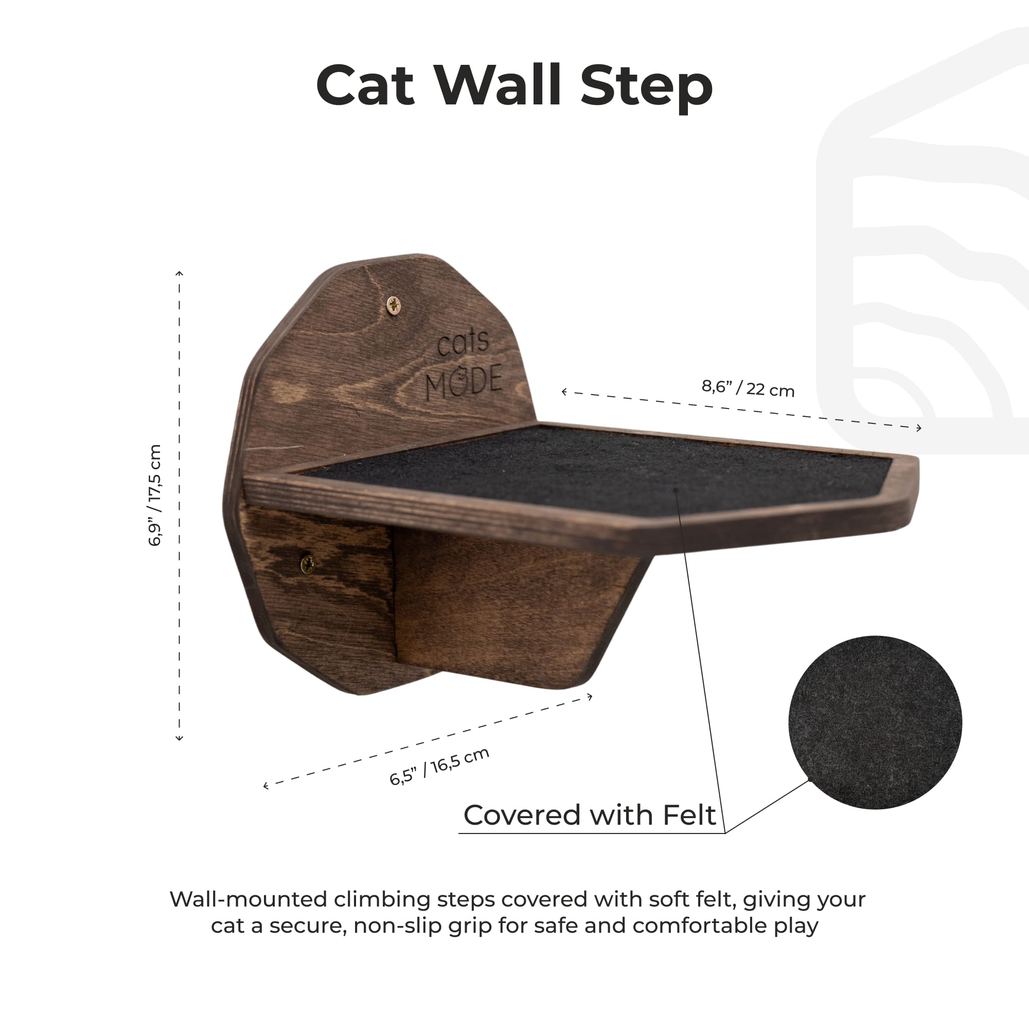 Modern Hexagon Cat Wall Step in Dark Walnut with Felt Grip