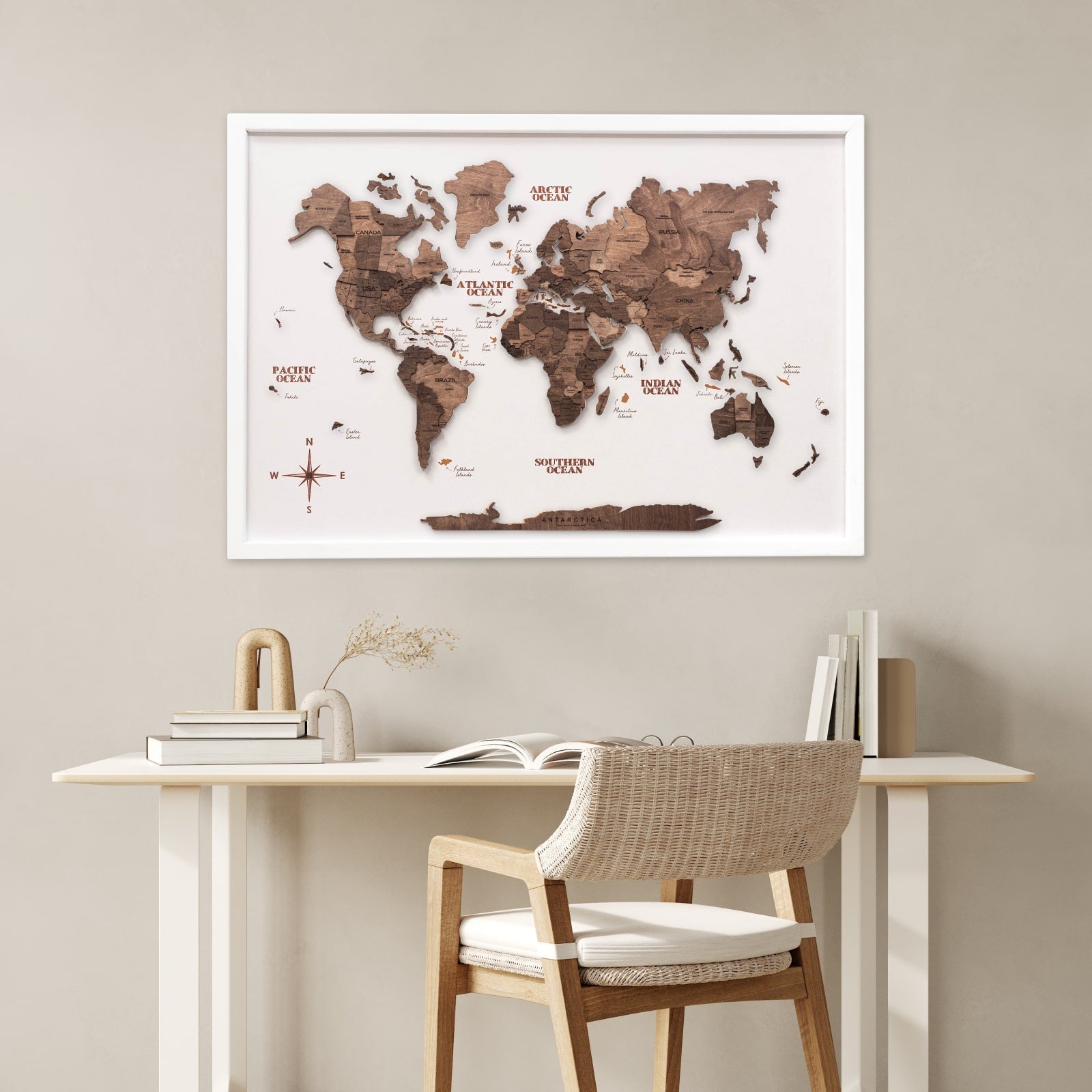 3D Wooden Panel World Map in Dark Walnut Finish