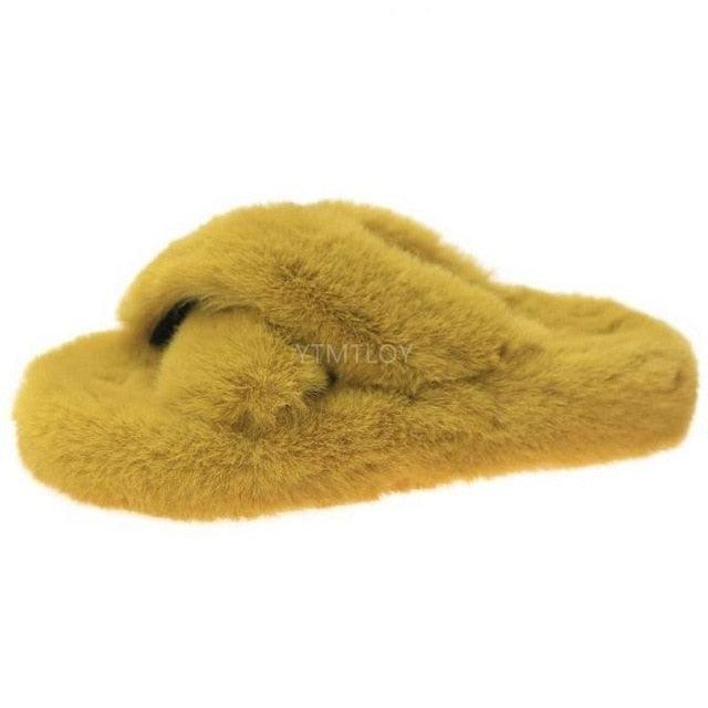 Women's Fluffy Fur Cross Band Memory Foam House Slippers