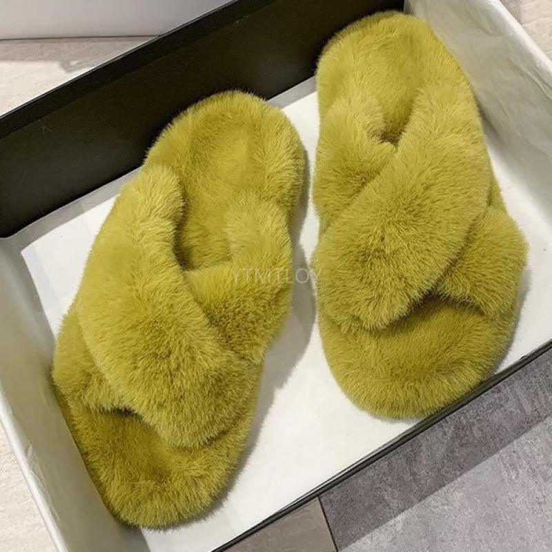 Women's Fluffy Fur Cross Band Memory Foam House Slippers