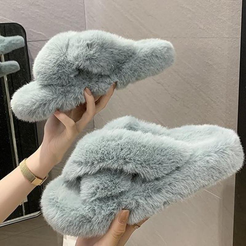 Women's Fluffy Fur Cross Band Memory Foam House Slippers