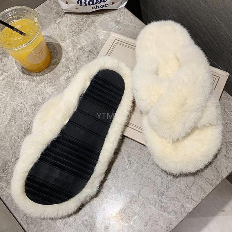 Women's Fluffy Fur Cross Band Memory Foam House Slippers