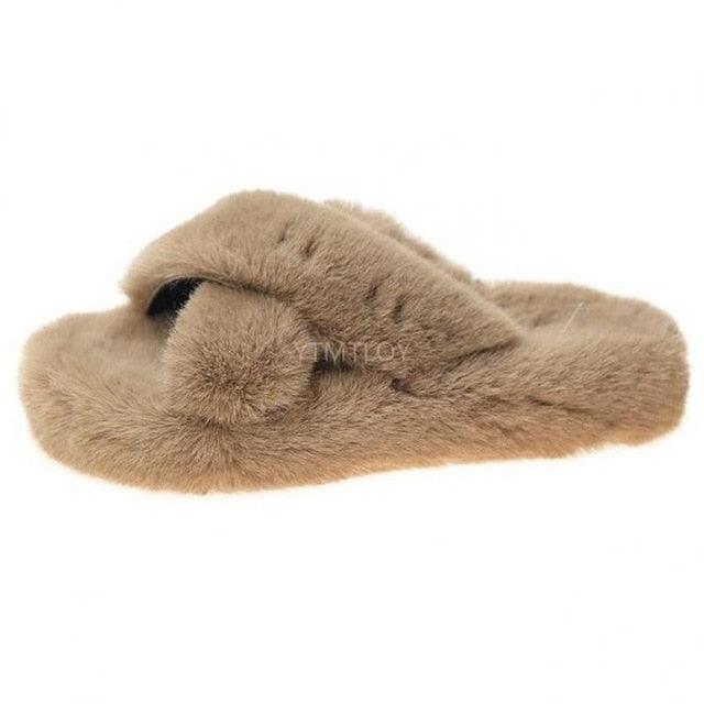 Women's Fluffy Fur Cross Band Memory Foam House Slippers
