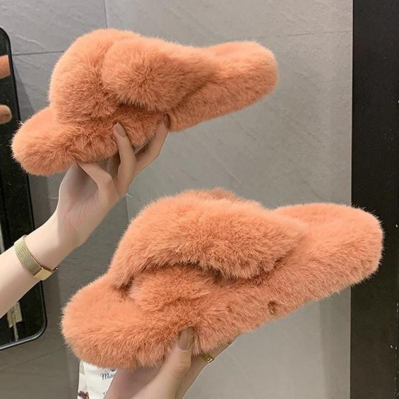 Cozy fluffy fur cross-band slippers in olive-green and taupe