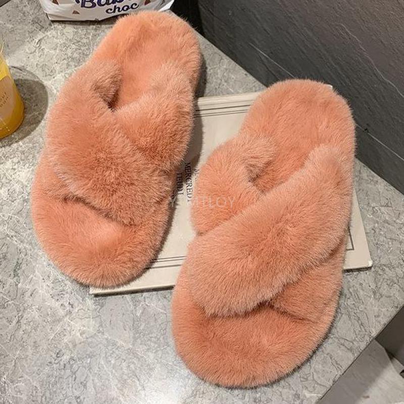Women's Fluffy Fur Cross Band Memory Foam House Slippers