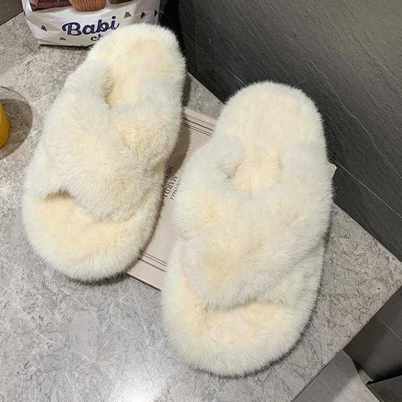 Women's Fluffy Fur Cross Band Memory Foam House Slippers