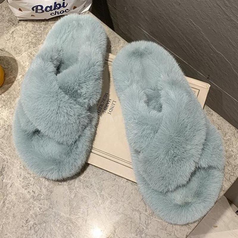 Women's Fluffy Fur Cross Band Memory Foam House Slippers