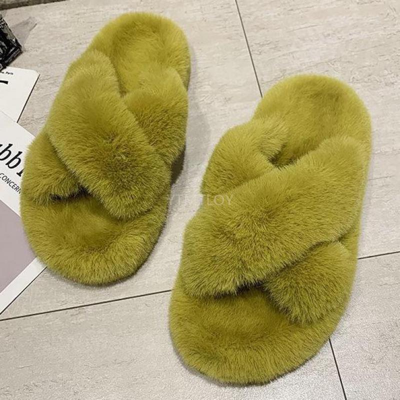 Women's Fluffy Fur Cross Band Memory Foam House Slippers