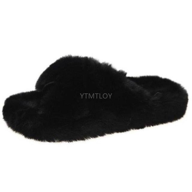 Women's Fluffy Fur Cross Band Memory Foam House Slippers